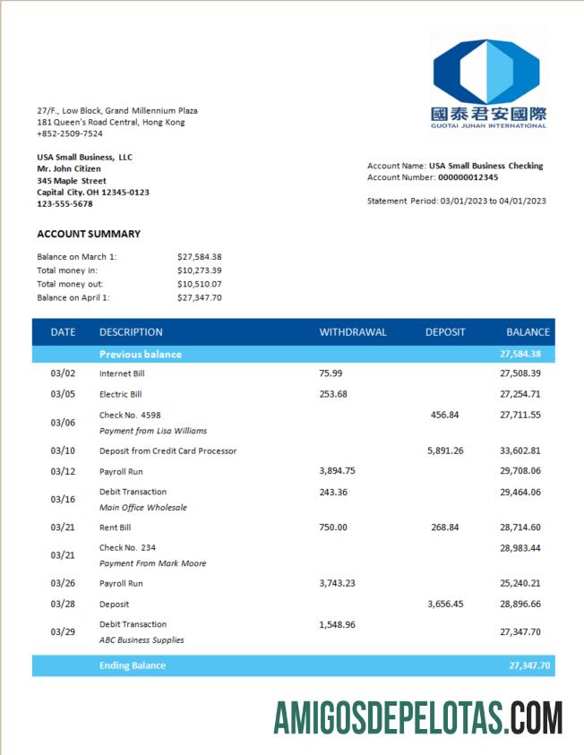 Em branco Guotai Junan Securities Bank Extrato de conta corrente corporativa modelo Word e PDF